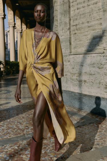 ROBE MIDI IMPRIMÉE SATINÉE - Marron / Vert de Zara - Image 3