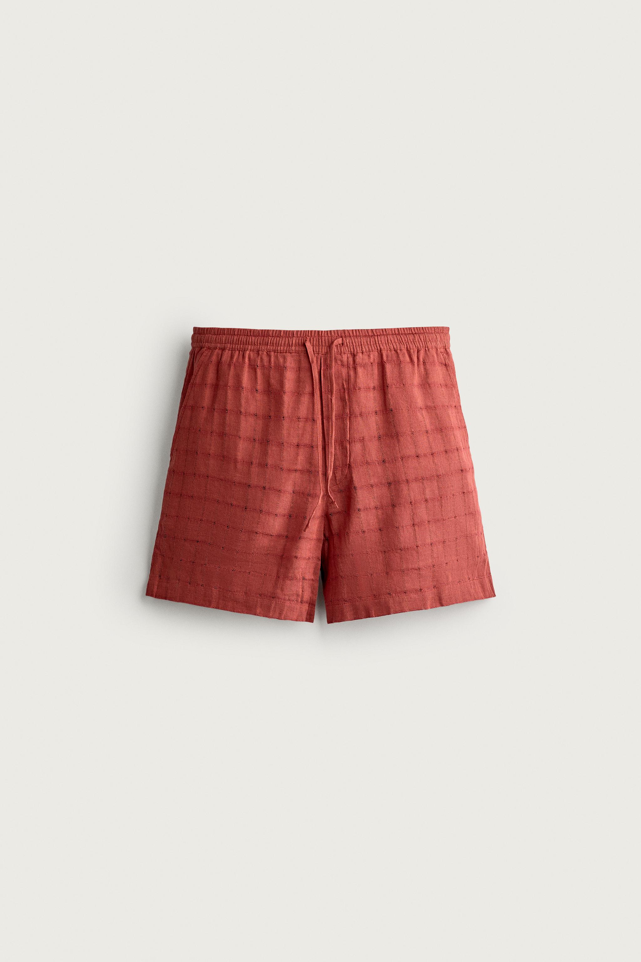 LINEN COTTON BLEND CHECKED JACQUARD SHORTS — Brick