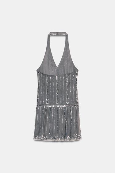 ROBE COURTE HALTER BRILLANTE - Gris foncé de Zara - Image 3