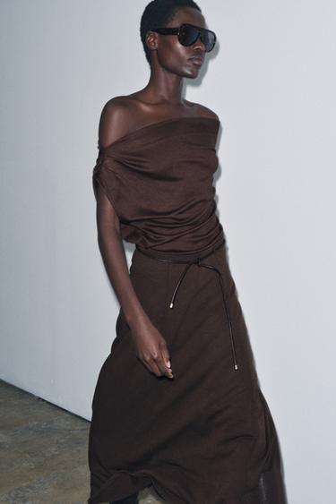 KNITTED CUT-OUT SKIRT WITH BELT - Brown by Zara