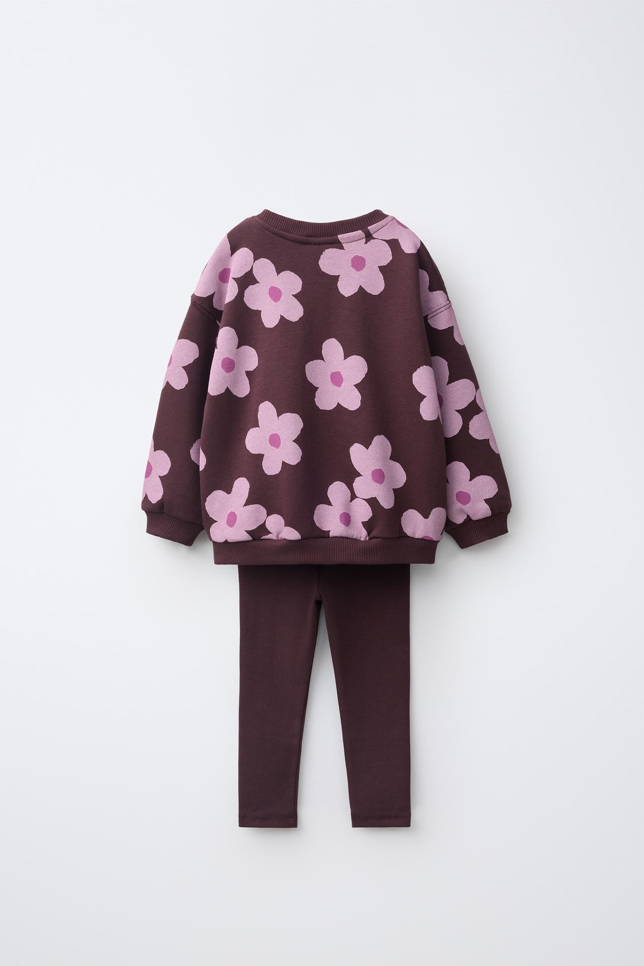 FLORAL PRINT SWEATSHIRT AND RIBBED LEGGINGS SET — Burgundy