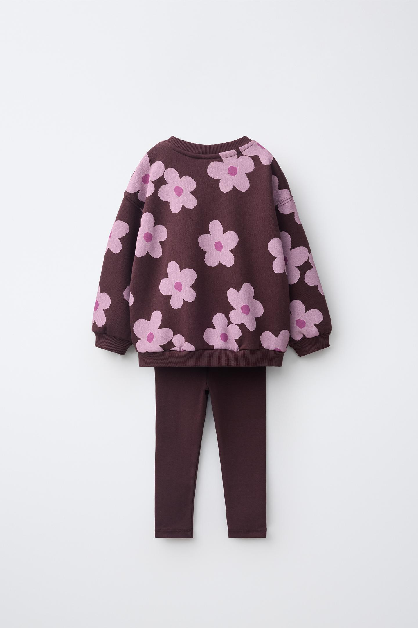 Детский комплект Zara Floral Print Sweatshirt and Ribbed Leggings Set, цвет: Бордовый — фото 2