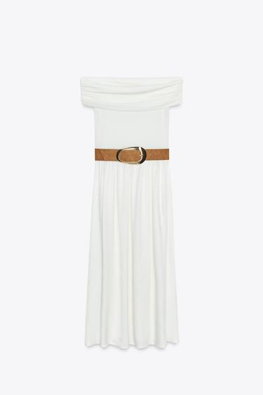OFF-THE-SHOULDER CONTRAST MIDI DRESS WITH BELT - Ecru by Zara - Image 7