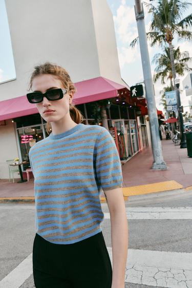 100% WOOL STRIPED SHORT SLEEVE JUMPER - Grey / Blue by Zara