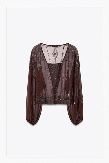 BLUSE GEORGETTE MIT STICKEREI UND SCHMUCKPERLEN - Braun von Zara