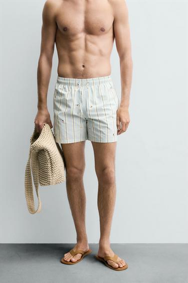 EMBROIDERED MID-LENGTH SWIMMING TRUNKS - Light blue by Zara - Image 1