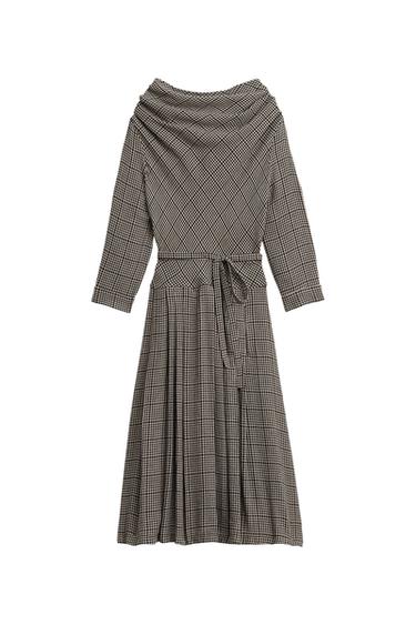 Long-sleeve dress with a cowl neck, flared skirt, tie belt, and check print on a white background.