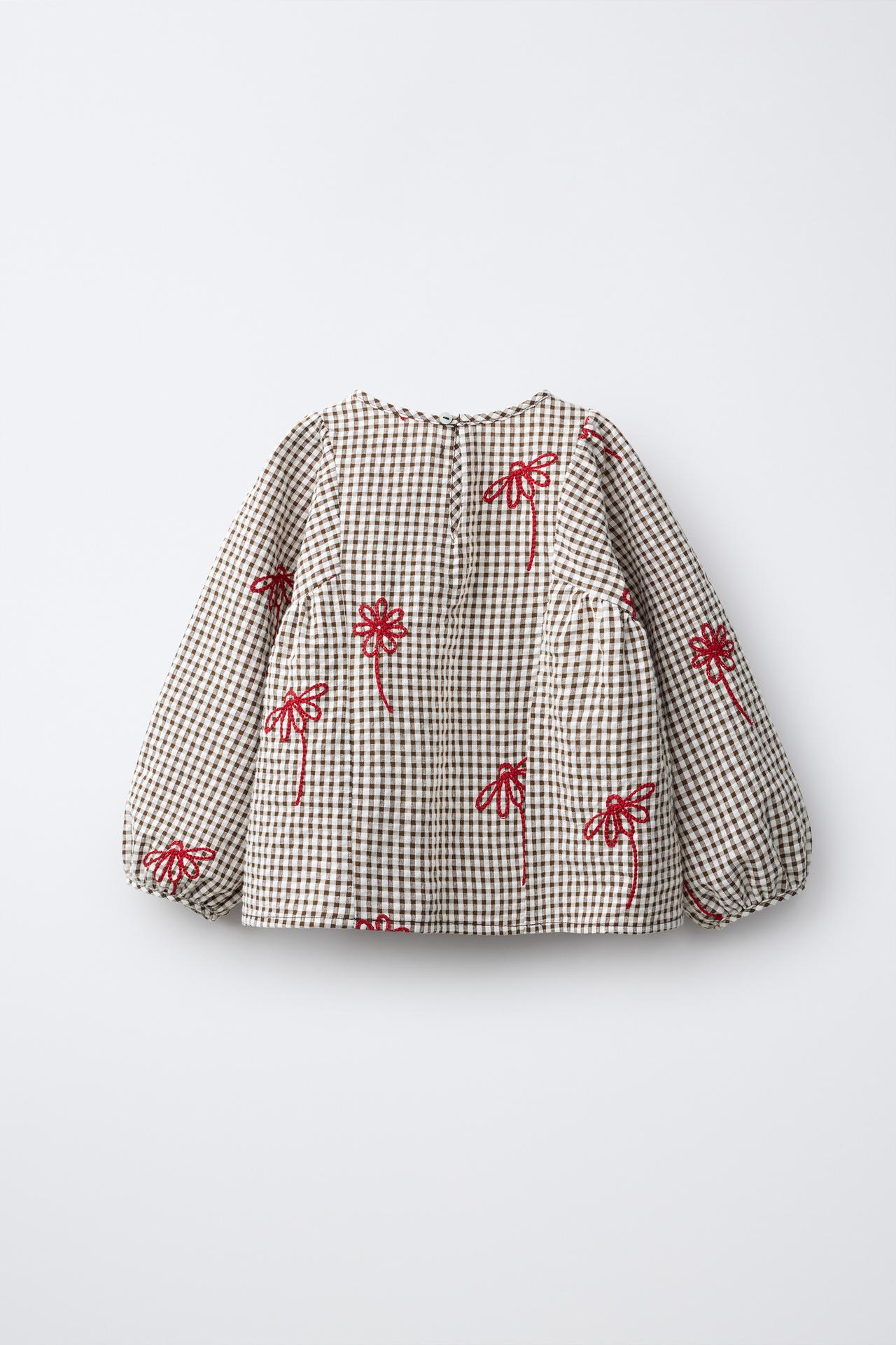 PLAID SHIRT WITH EMBROIDERED FLOWERS — Chocolate