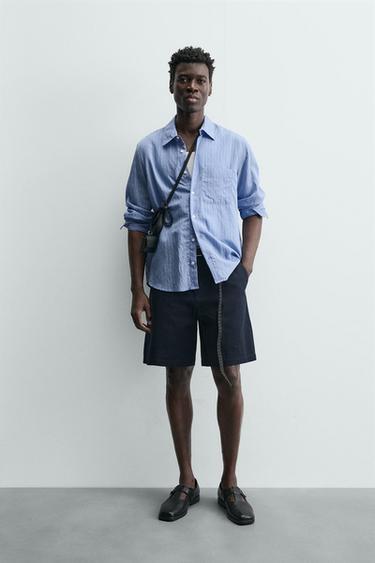 Zara RELAXED FIT TEXTURED SHORTS - Navy blue