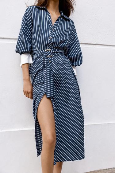 STRIPED BELTED MIDI DRESS - Navy / White by Zara
