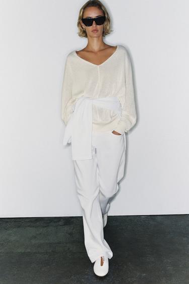 Zara V-NECK KNIT JUMPER - Ecru