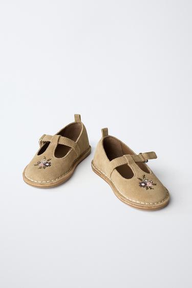 EMBROIDERED LEATHER T-BAR BALLET FLATS - Sand Brown by Zara - Image 2