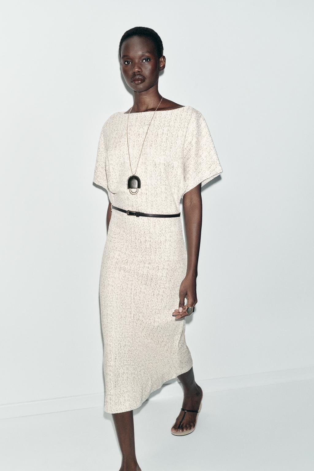 TEXTURED BELTED MIDI DRESS