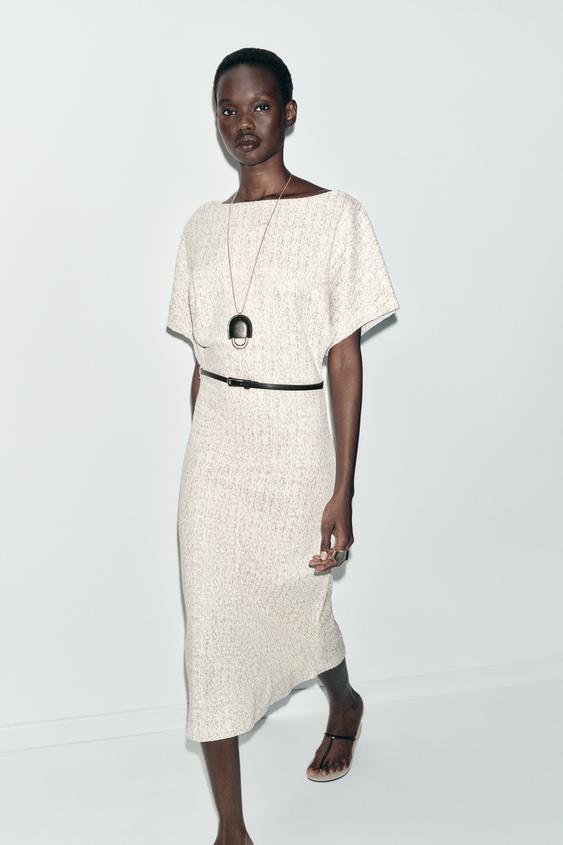 TEXTURED BELTED MIDI DRESS