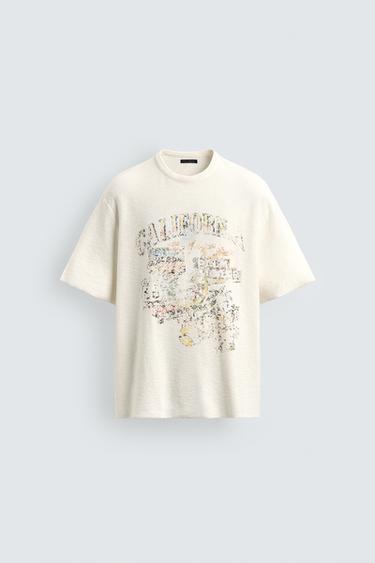 Zara WASHED PRINT KNIT T-SHIRT - Ecru