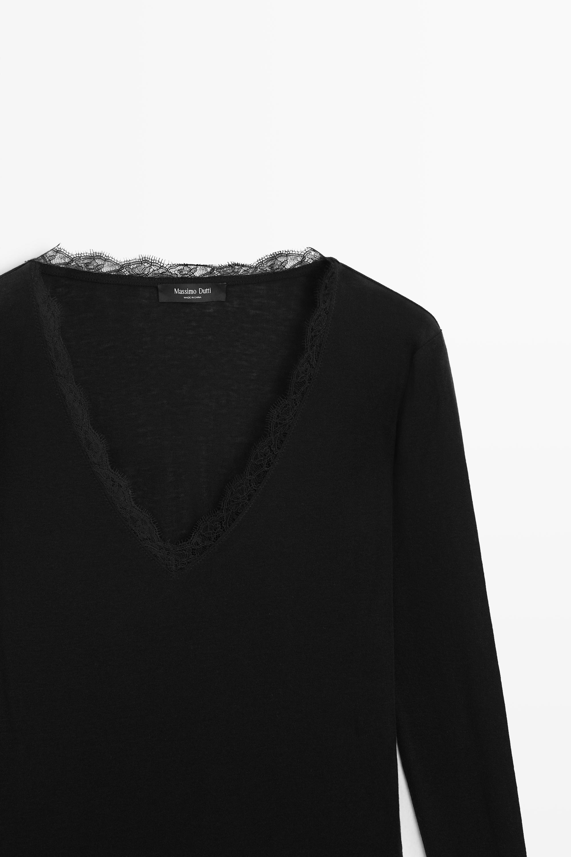 Long sleeve T-shirt with lingerie-inspired detail