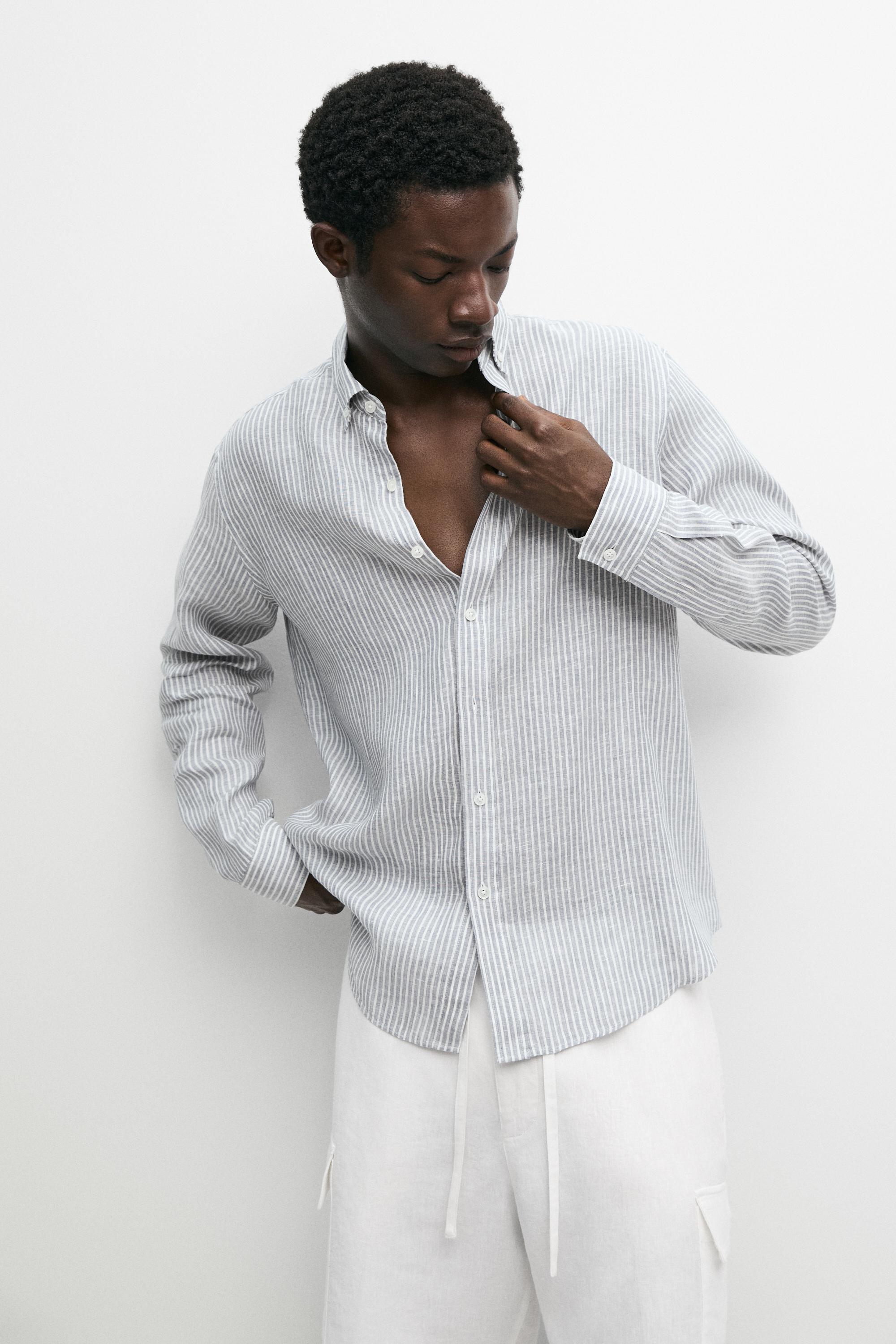 100% linen regular fit striped shirt — Sky blue