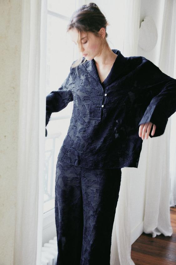 Zara VISCOSE BLEND JACQUARD PANTS - Blue - Image 0