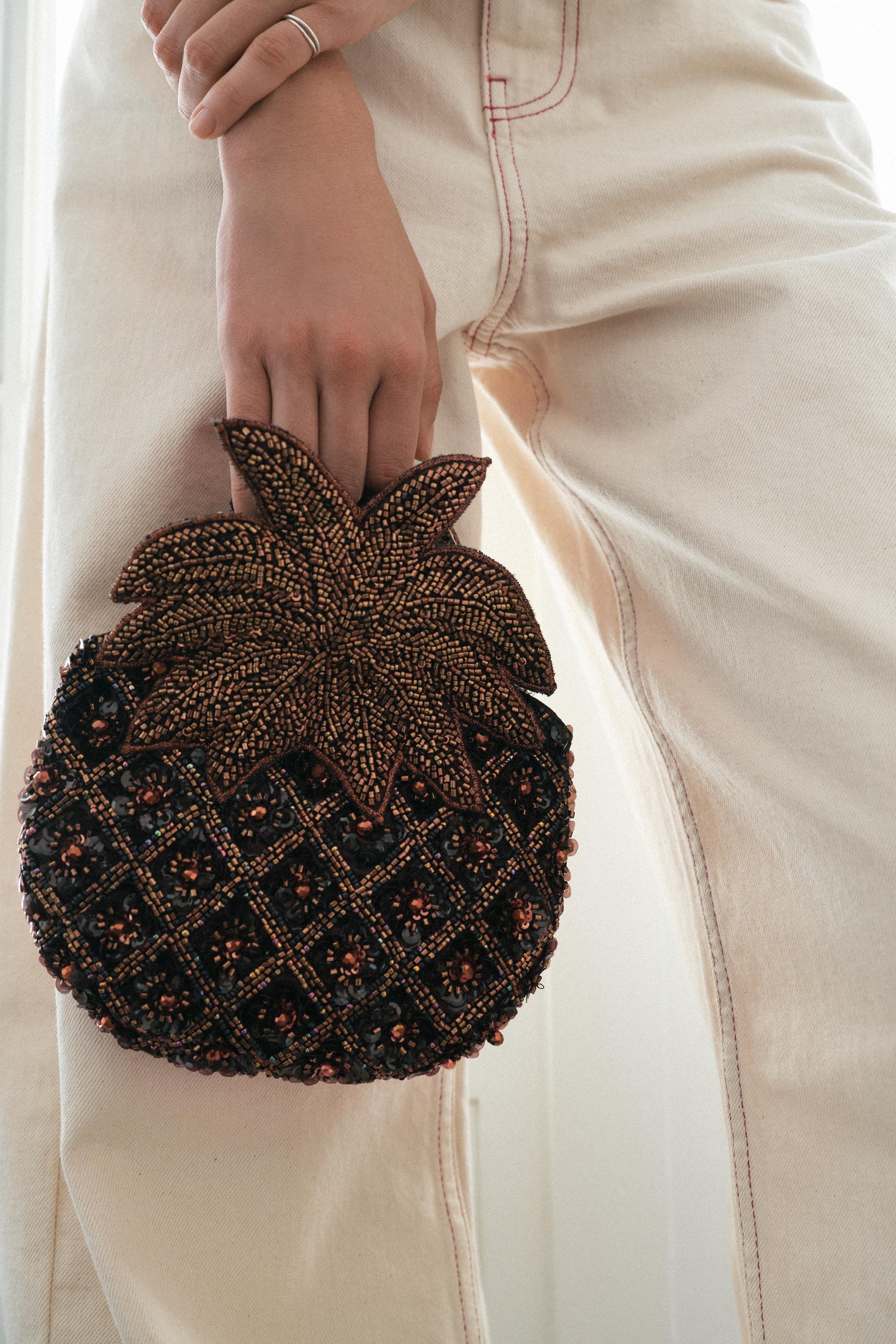 BEADED FRUIT MINI BAG — Brown