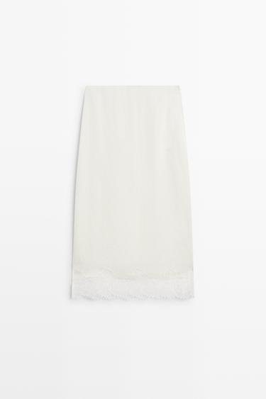 Falda midi fluida detalle encaje - Blanco de Zara