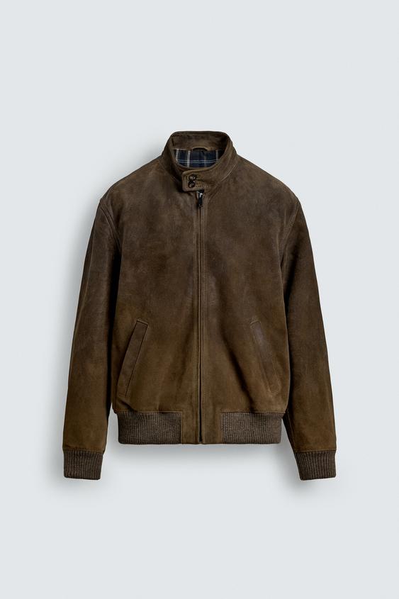レギュラーフィット スエード レザー ジャケット - タバコ | ZARA 