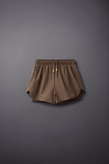 SPORTY CYCLING SHORTS WITH INNER LEGGINGS — Brown 1