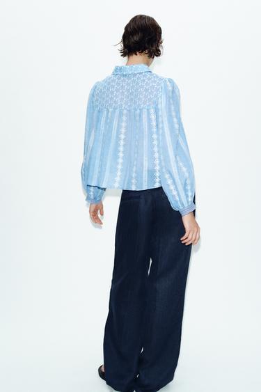 BLOUSE ROMANTIQUE BRODERIES AJOURÉES - Bleu / Blanc de Zara - Image 3
