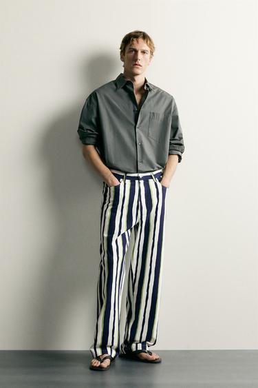 STRIPED STRAIGHT-LEG TROUSERS - Navy blue by Zara