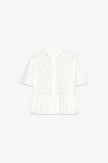 Zara ZW COLLECTION EMBROIDERED PEPLUM SHIRT - White