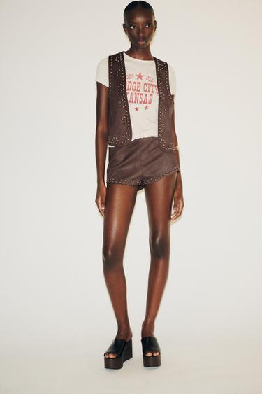 Zara STUDDED FAUX SUEDE VEST - Chocolate - Image 0