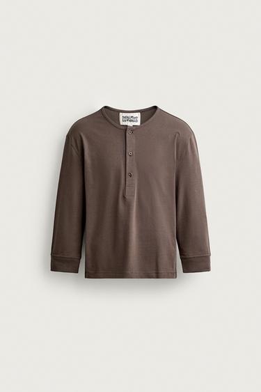 Zara CROPPED HENLEY T-SHIRT - Brown