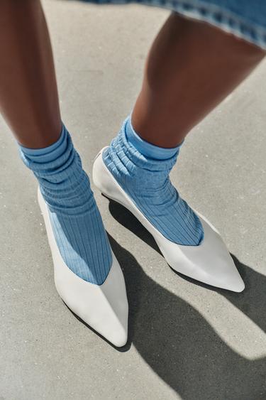 Zara POINTED LEATHER KITTEN HEEL SHOES - white