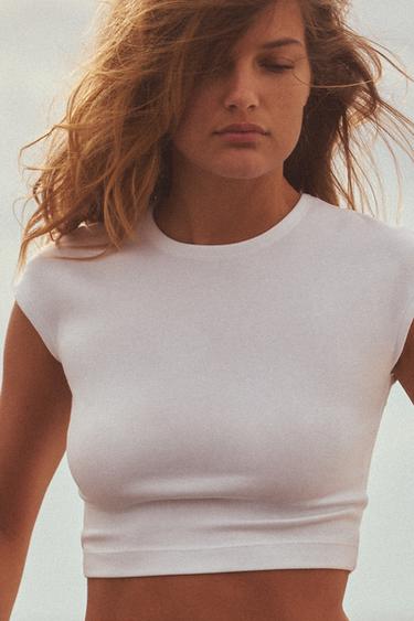 Zara COTTON MODAL CROP T-SHIRT - White
