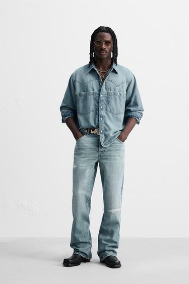 JEANS MED HULLER - FLARED FIT - mellemblå fra Zara