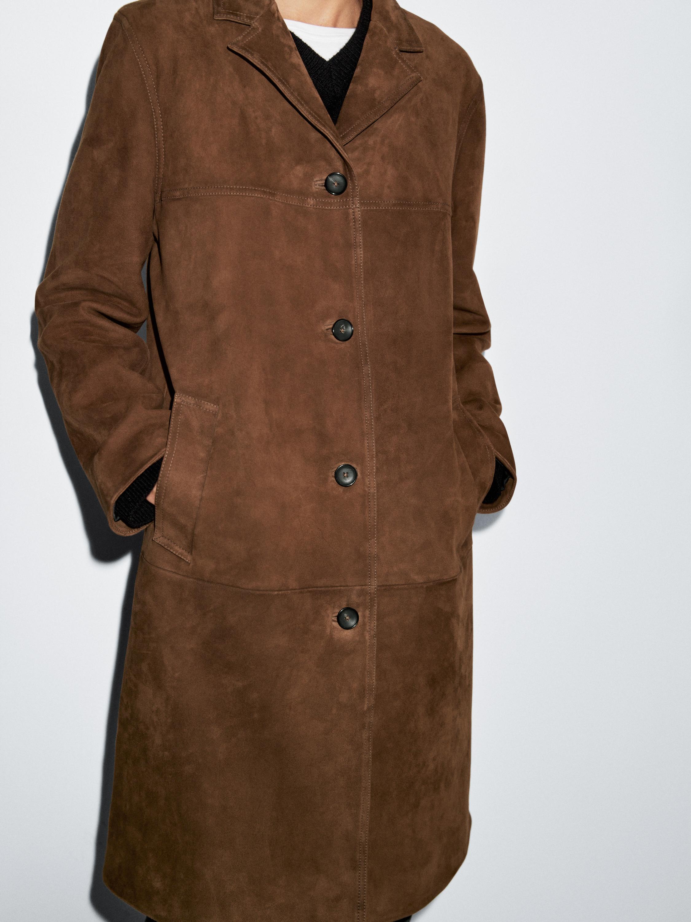 Manteau long en cuir finition daim