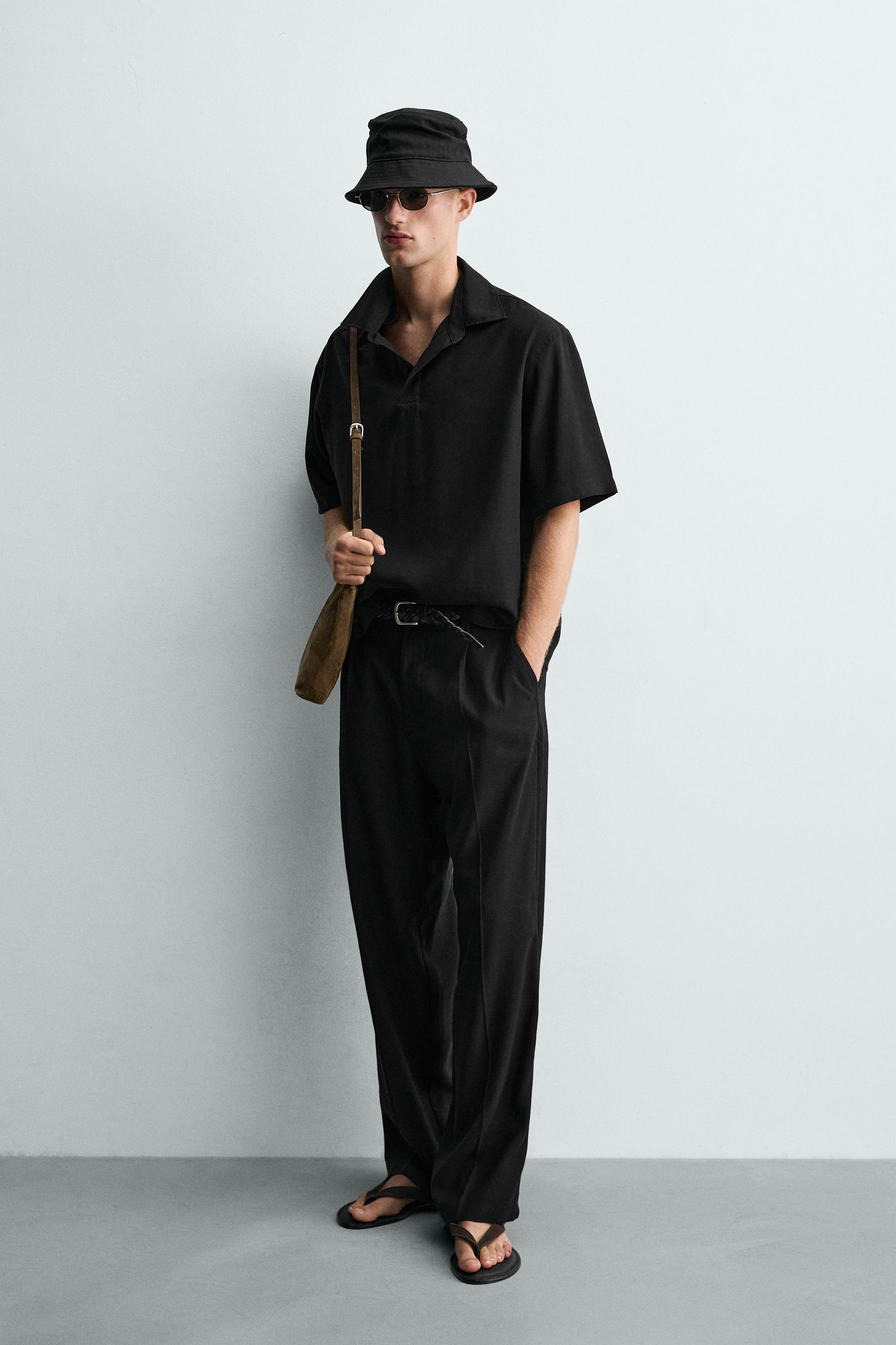 FLOWY RELAXED FIT PLEATED PANTS — Black
