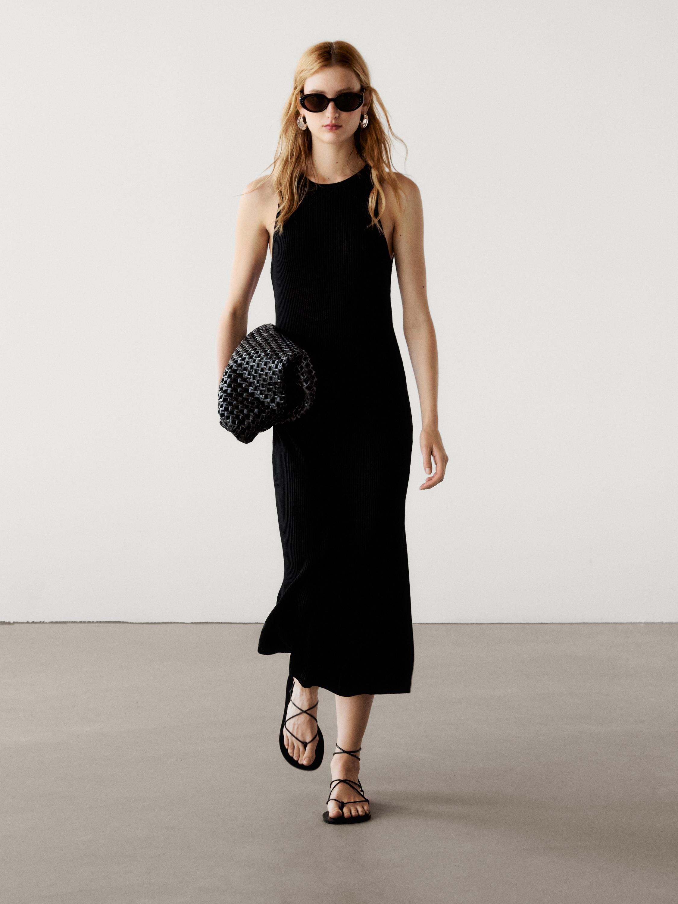 Black ribbed dress midi online