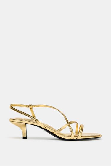 Zara LEATHER KITTEN HEEL SANDALS - Gold