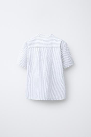 STRIPED COTTON AND LINEN STAND COLLAR SHIRT - Grey by Zara - Image 1