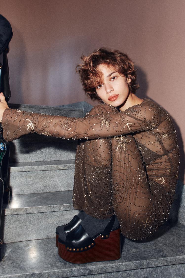 DRAPED TULLE TOP WITH BEADED EMBROIDERY