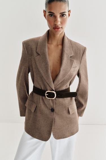 Zara 人字紋腰帶西裝外套 - 棕色