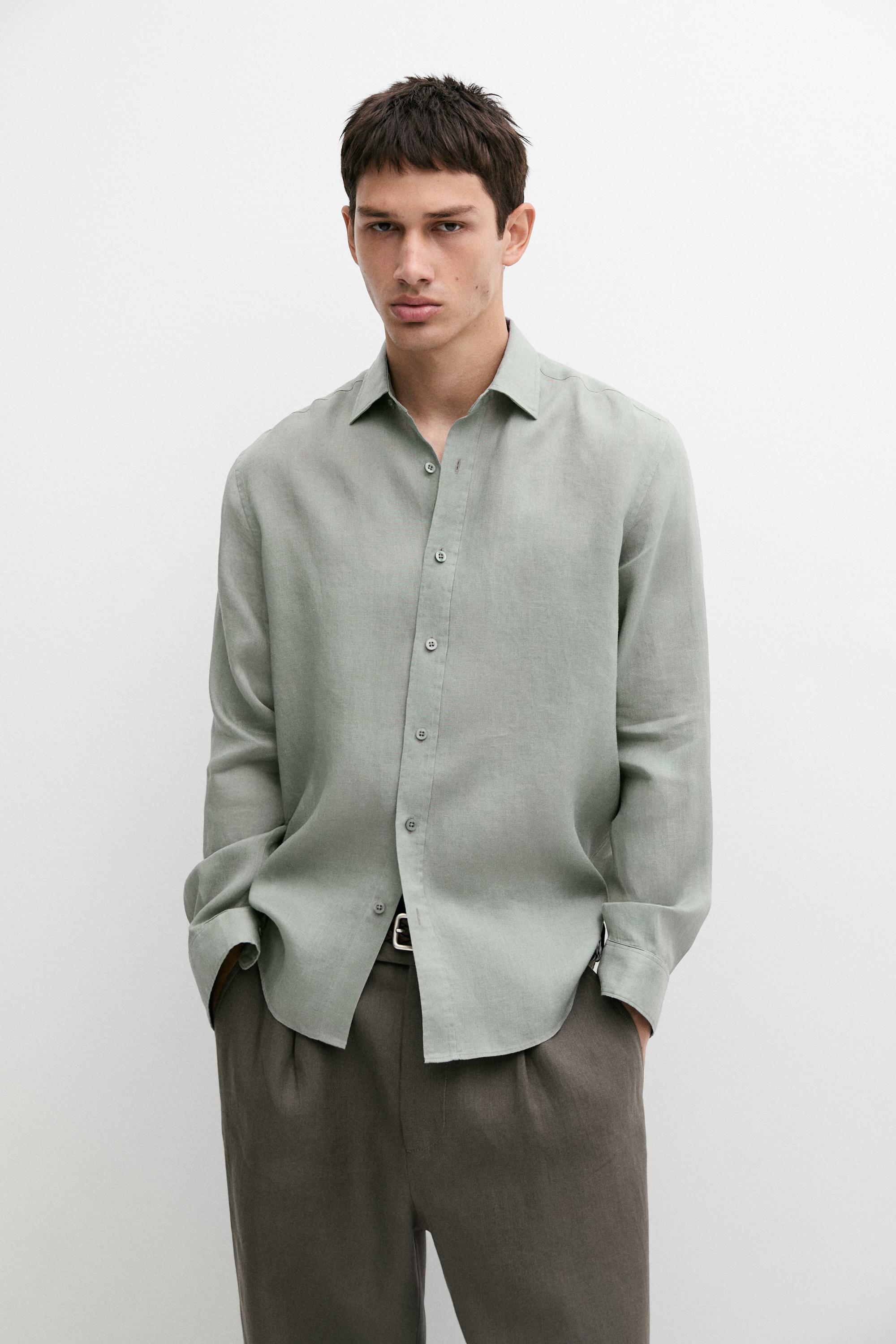 Slim fit 100% linen shirt — Moss green