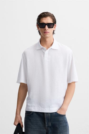 COTTON/LINEN POLO SHIRT - Oyster-white by Zara