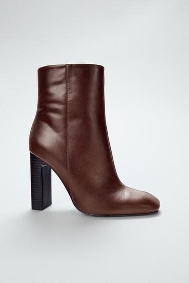 Zara LEATHER WIDE HEEL ANKLE BOOTS - Brown