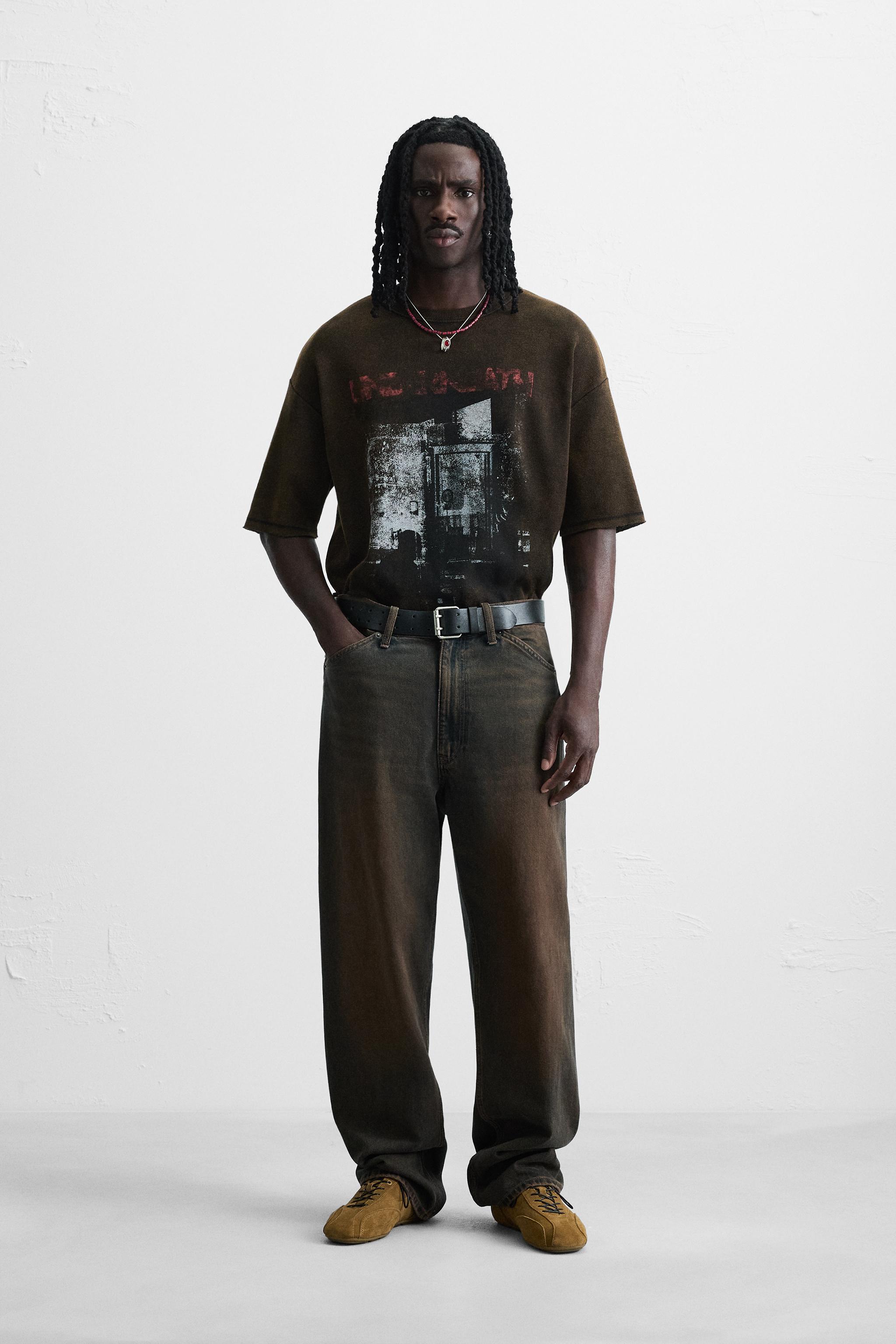 【ZARA】ウォッシュ加工プリントニットＴシャツ4805/435/428 ウォッシュ加工プリントニットTシャツ - ブルー/グレー | ZARA