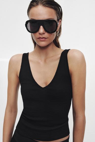 Zara RIB V-NECK TOP - Black