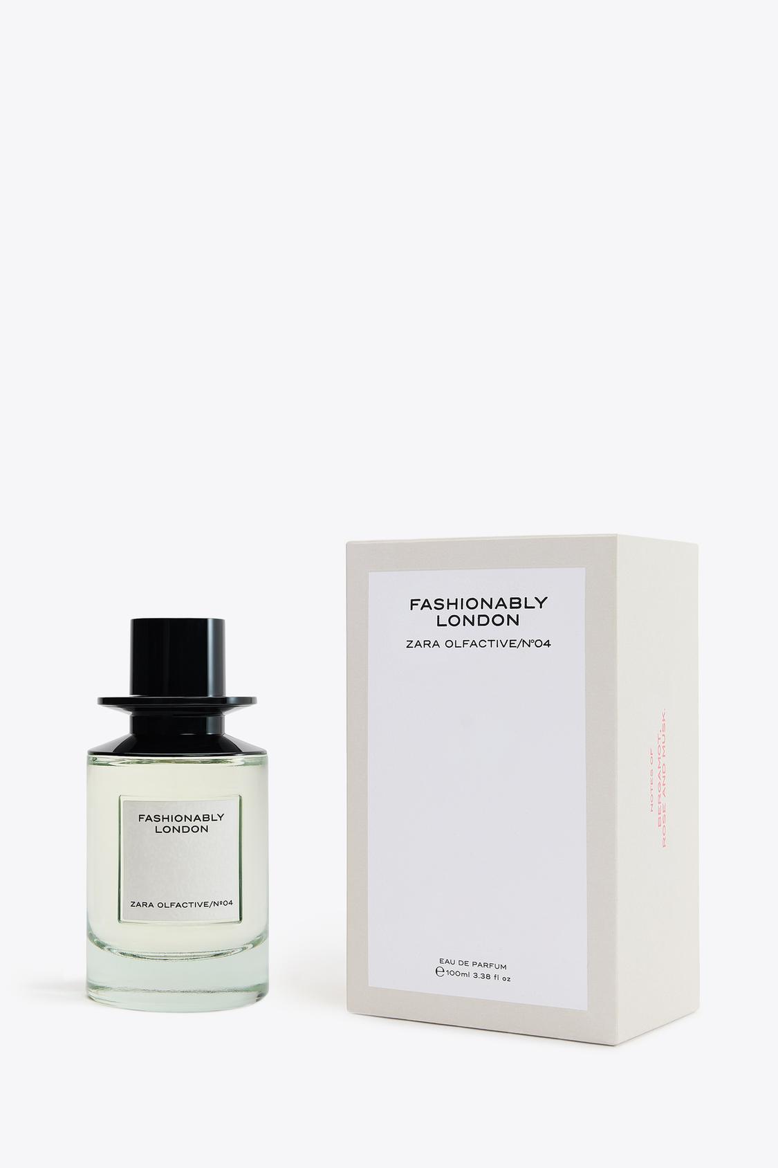 Steklenička parfuma in škatla z napisom "FASHIONABLY LONDON ZARA OLFACTIVE/Nº04". Prostornina 100 ml (3.38 fl oz).
