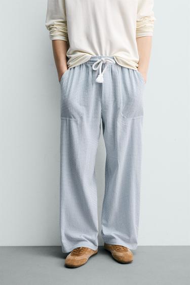 Zara STRUKTURISANE KARIRANE PANTALONE RELAXED FIT KROJA – plavo nebo