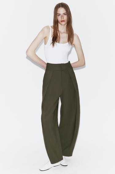 Zara PLEATED BALLOON PANTS - Dark khaki