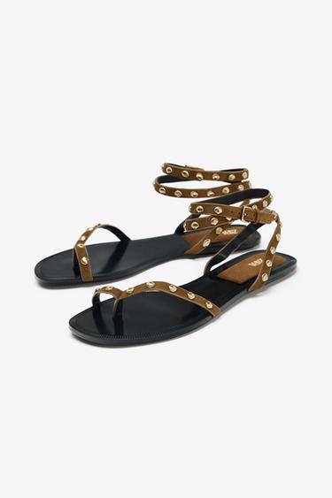 LEATHER STUDDED STRAPPY SANDALS - Brown by Zara